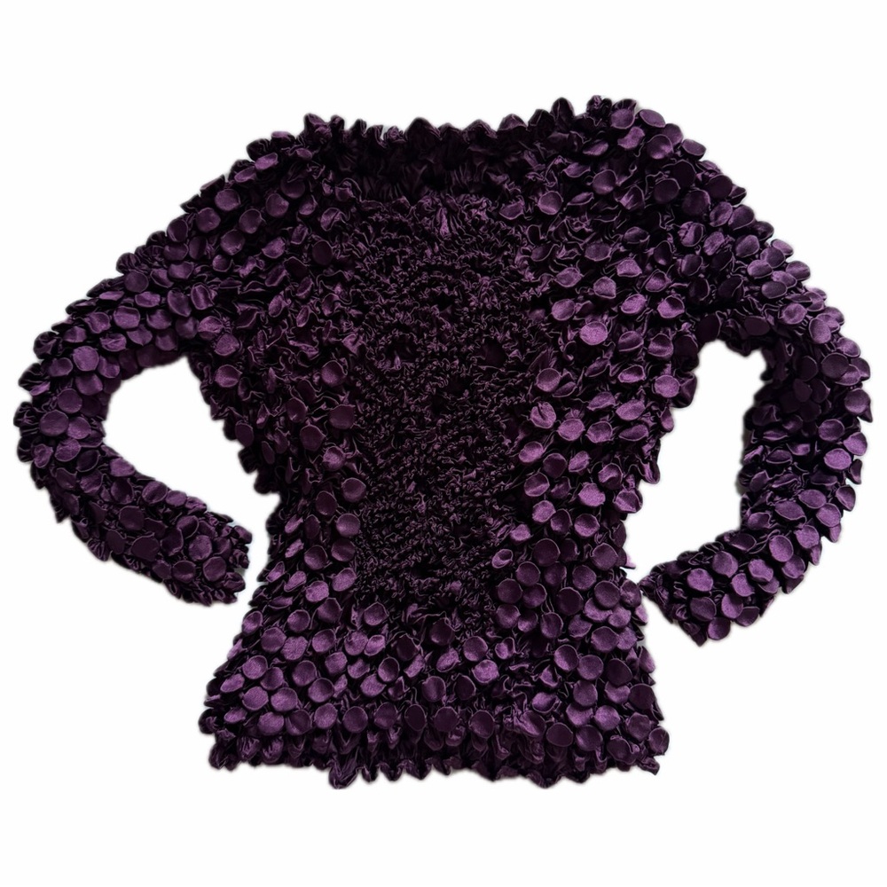 Purple Satin Smocked 3D Textured Bubble Top Statement Blouse